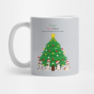 Happy Howlidays with Christmas Tree and Santa Puppies (Great Dane, Australian Shepherd, Brittany Spaniel and English Bulldog) Mug